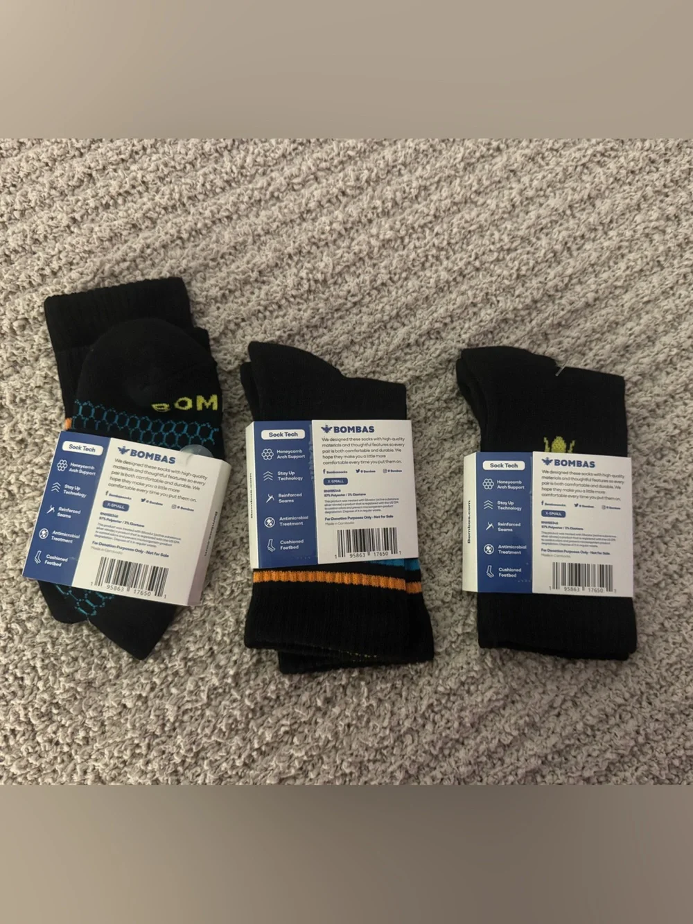 Bombas Youth Black Casual Socks with Blue & Orange Accents - 3 Pack Sz XS